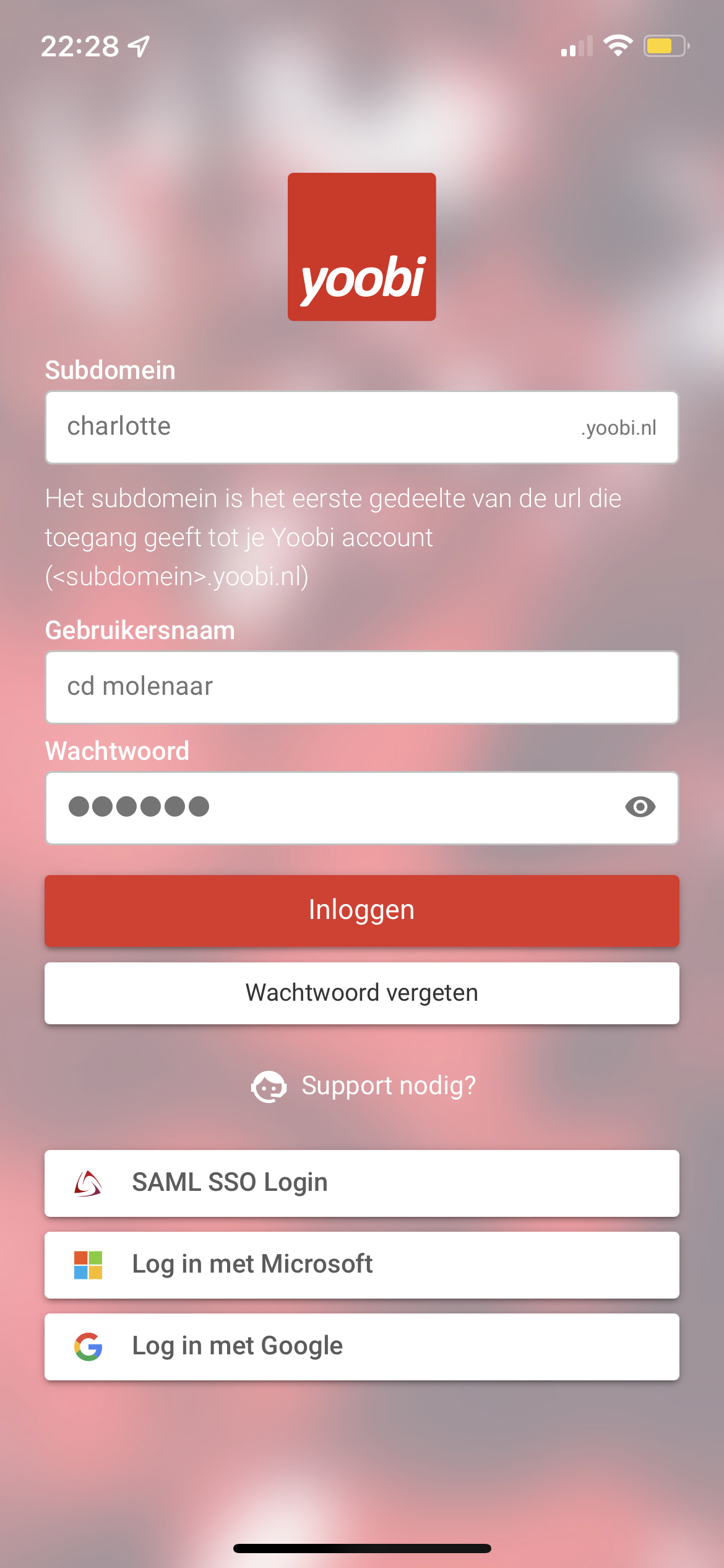Yoobi app inlogscherm