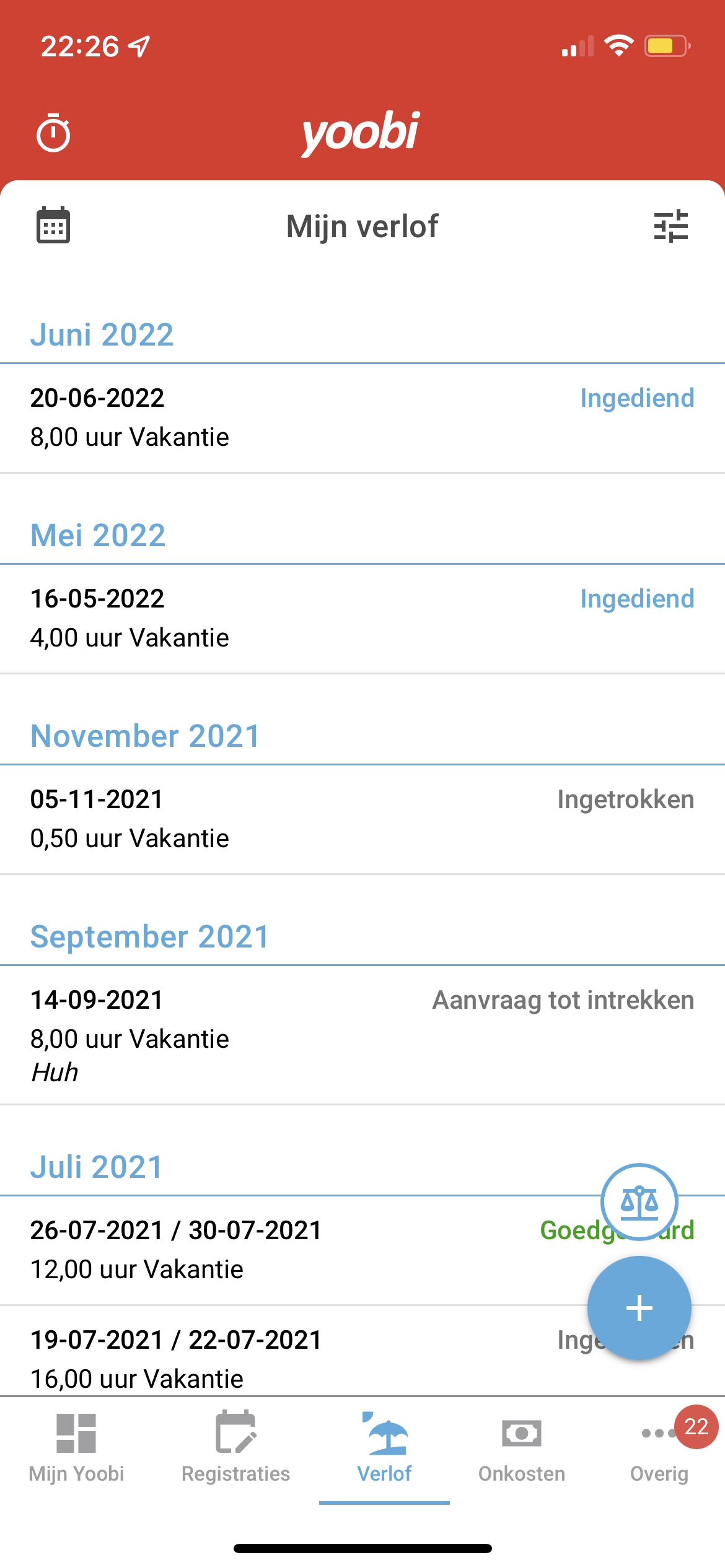 Yoobi app verlofscherm