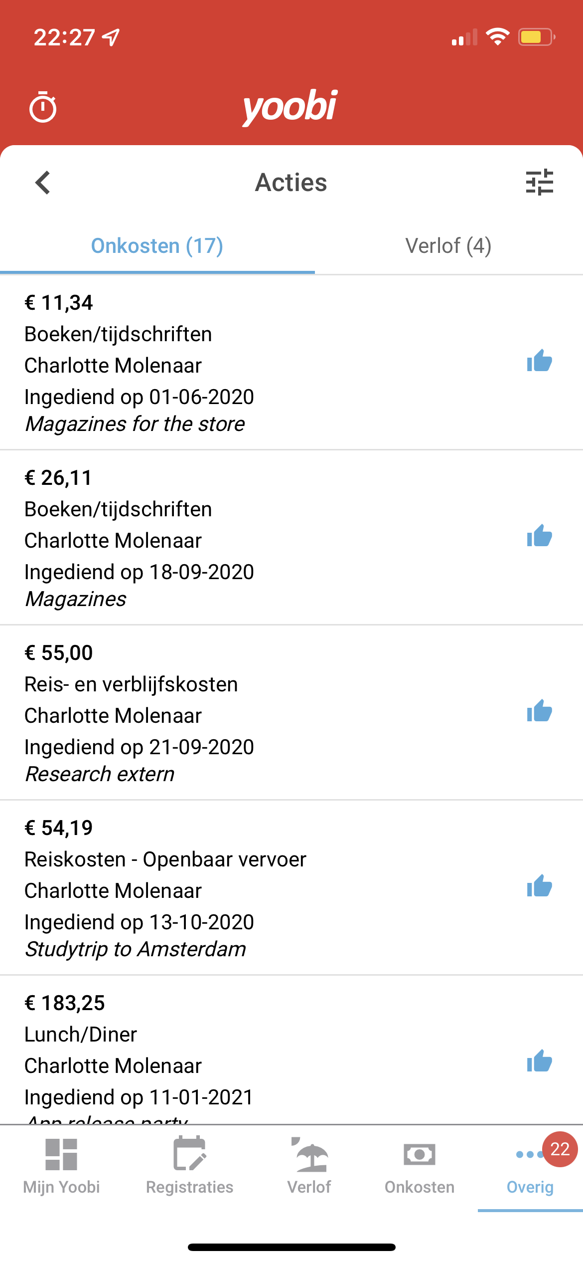 Yoobi app onkostenscherm
